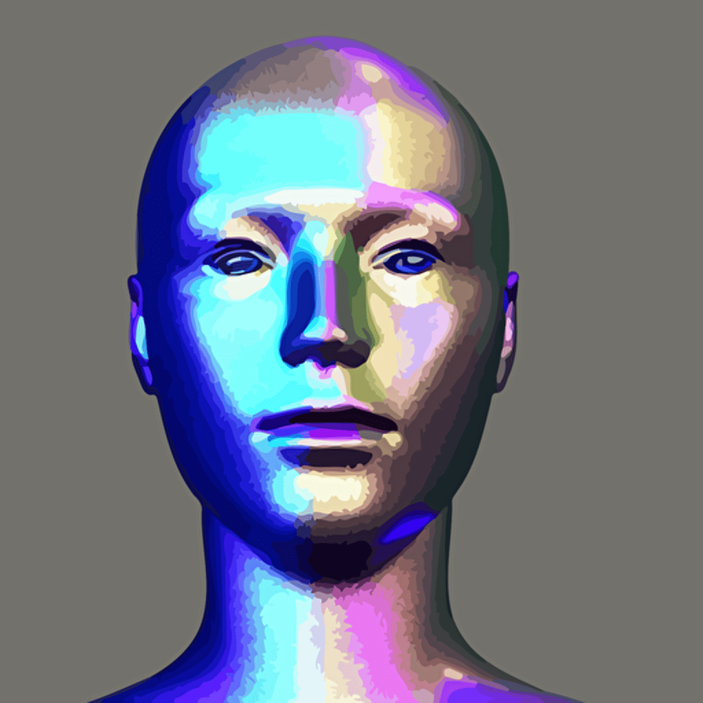 3d render holographic human robotic head glossy iridescent surrealistic 3d illustration human face non binary non binary model 3d model human cryengine holographic texture holographic material holographic rainbow concept cyborg artificial intelligence