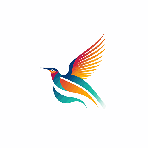create a modern, minimalist but colourful logo on white background of a flying bird of paradise from papua new guinea in flat vector art style