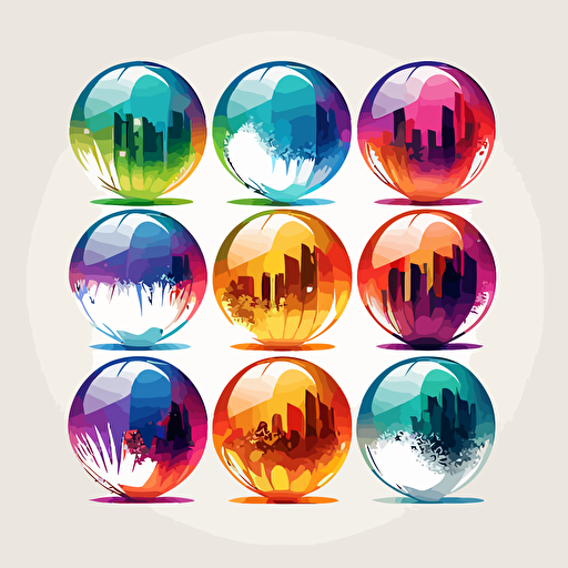 Collection of twelve transparent balls that explode completely with a small town inside. Nature is represented. Vector styling. Very colored. white background without shadow.
