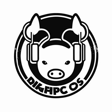 logo for a DJ group featuring a pig face wearing headphones in a flat, vectorized style. white background, The logo should be in a single color and have an informal, playful feel. The pig's face should be the focal point, with the headphones draped around its ears. The image should be easily recognizable and convey a sense of fun and energy. Use a clean, simple design to make the logo versatile for a variety of applications