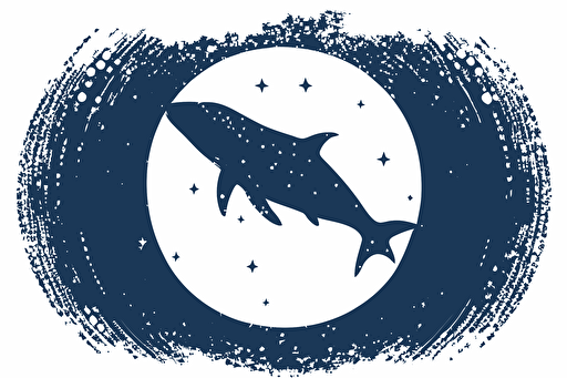vector illustration of a whale swimming through stars, set in a circle, white background