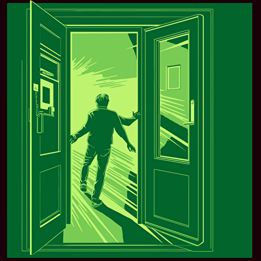 this image shows an exit sign for the exit, in the style of simplistic vector art, paul catherall, andreas vesalius, dynamic pose, green academia, emerald