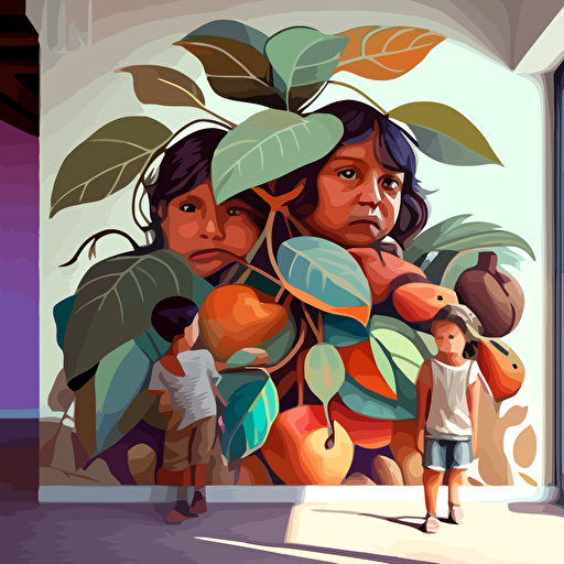 pintura mural, con niños amazonicos cosechando uvas en un parral , en vectores , pintura indigenista, gran angulo, con luz natural