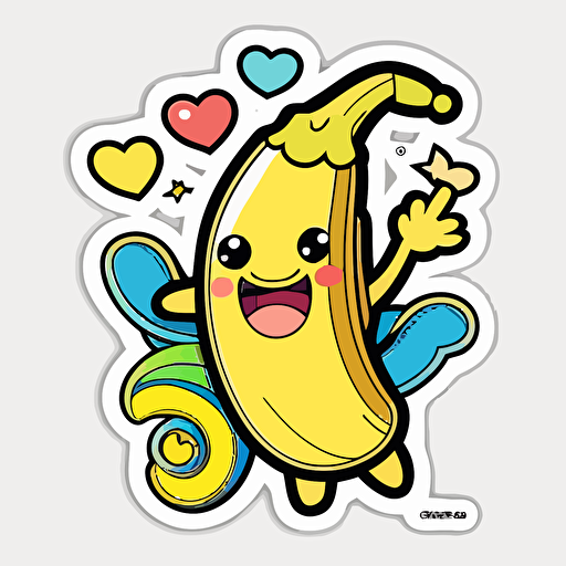 Kawaii Banana, Sticker, Happy, Electric Colors, Cartoon, Contour, Vector, White Background, Detailed