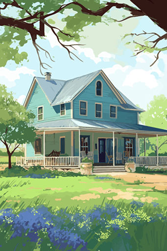 texas farmhouse in spring, wrap around porch, cozy and sweet, bright light, colorful, bluebonnets, vector art, concept art