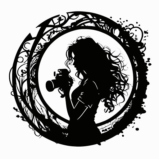 A solid 2 tone black and white stylised vectorized illustration of a silhouetted long curly haired women holding her camera in a circular symbol with with a full white background