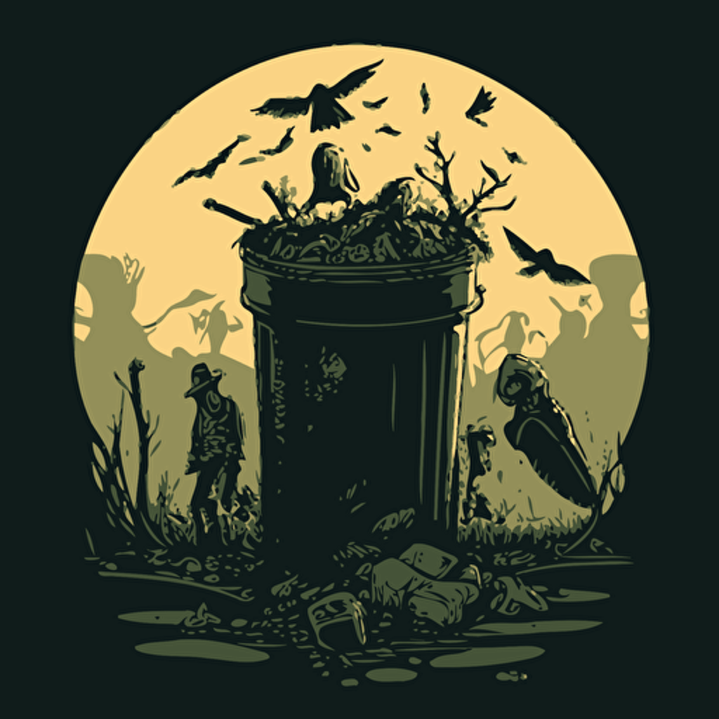 vector illustration of a gothic scene of a trash can filled with human bones and scavenger aliens scouring the land