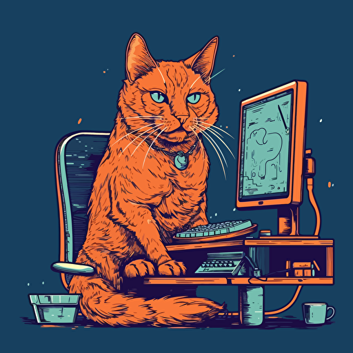 vector art style, cat using a computer, in the style of Michael Parks