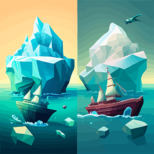 Multiple icebergs, one sinking ship from hitting an iceberg, another ship with a hexagon logo on it, in the ocean, vector image