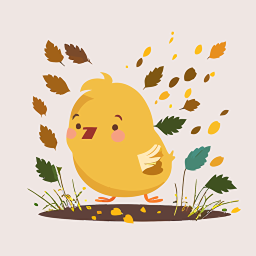scared baby yellow chick being blown in the wind with leaves and grass blowing, white background, flat color vector art