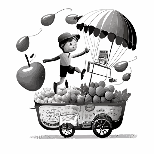 Black and white vector illustration of little boy flying over fruit vendor cart