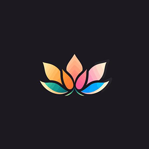 simple minimalist iconic logo of lotus flower, rainbow color vector, on black backgroung