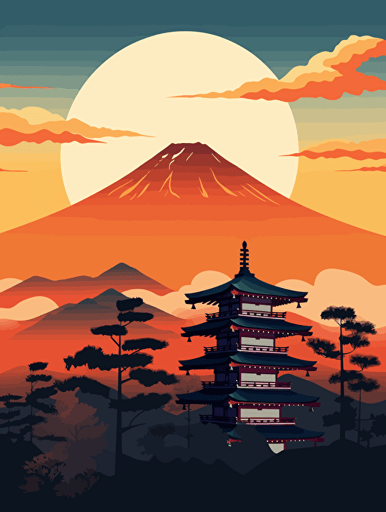 flat vector illustration, Japan on sunset, detailed