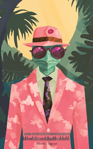flat vector book cover design showing painted wallpaper hawaii background to a pink anthropomorphic gecko salesman wearing a battered worn suit