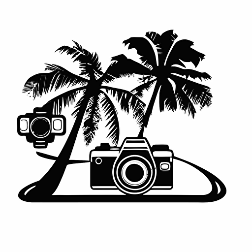 iconic logo with palm tree in upper left corner and a car with outlining of a dslr camera, black vector, on white background