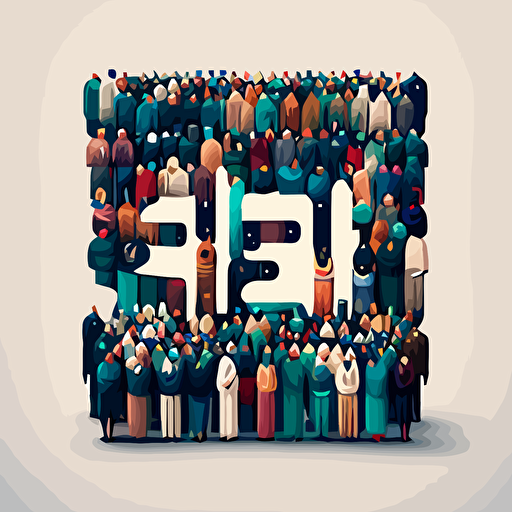Large group of people standing together forming "Happy EID" word flat vector illustration business team work
