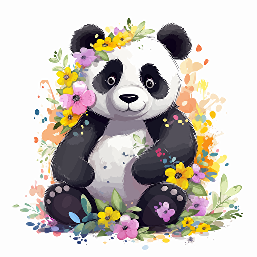 panda, flowers, detailed, cartoon style, 2d clipart vector, creative and imaginative, hd, white background