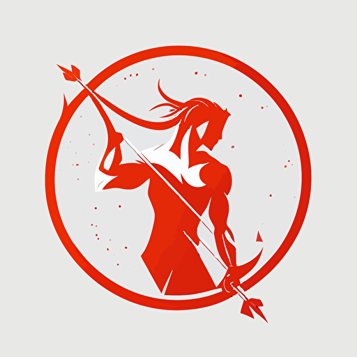 round logo of sagittarius. vector, flat, vermilion, simple, white clean backgound