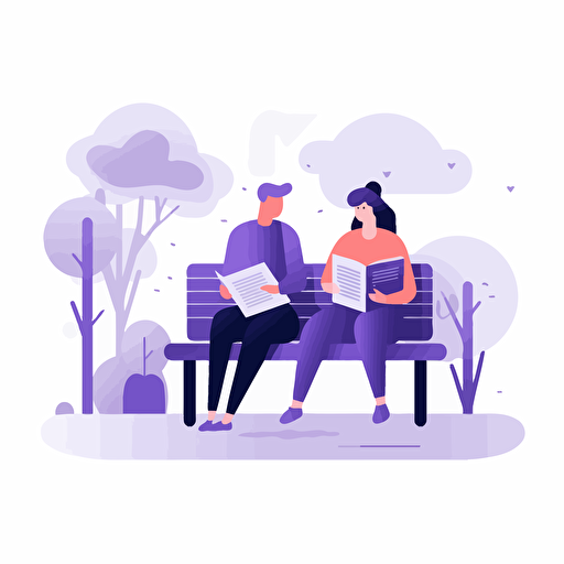 two people sitting on a bench reading a book. Artsy flat vector illustration, light purples, white background