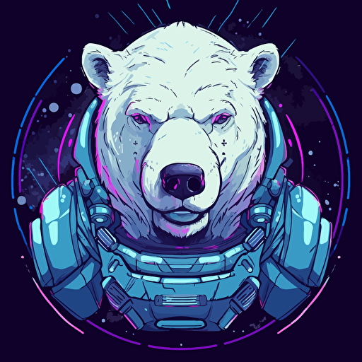 a friendly looking polar bear in a futuristic space suit, using a computer that's emanating a powerful force, purple blue colors, vector style, corporate logo, clean look, detailed