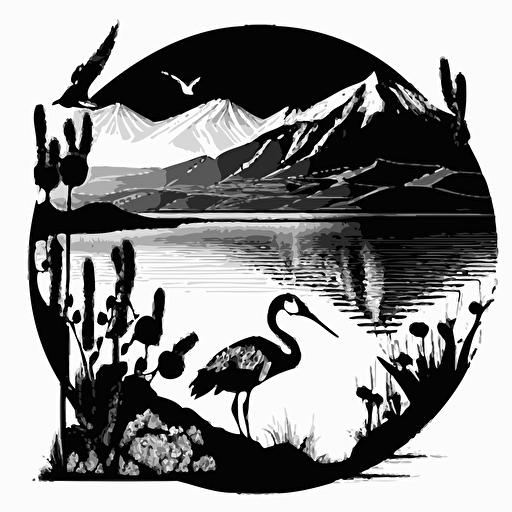 a 2d black and white vector drawing including lake neusiedl with a stork mixed with the mountains of serfaus in the alps