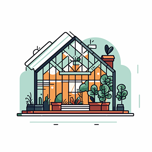 Vector illustration greenhouse illustration, in the style of patrick caulfield, muted colors, simple line drawings, bill traylor, pseudo hinchel or sticker white bakcground