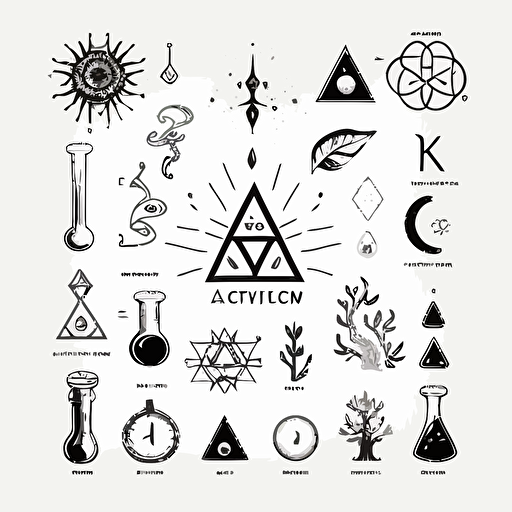 alchemy symbols, hand drawn vector, white background, minimalist