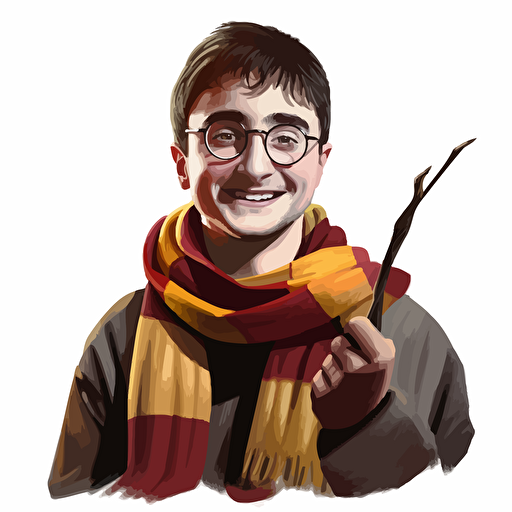 young Daniel Radcliffe as young Harry Potter, smiling at the camera with his round glasses, wearing a Gryffindor scarf and holding his wand in his hand, white background , vector, digital art, 100*100 resolution