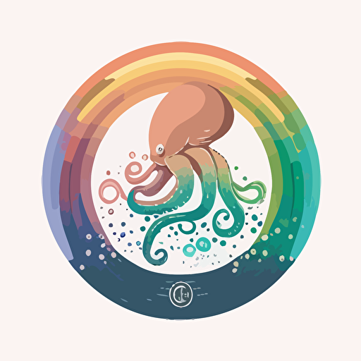 circle logo design, flat 2d vector logo of a octopus, muted rainbow colors, 80s, zodiac-inspired