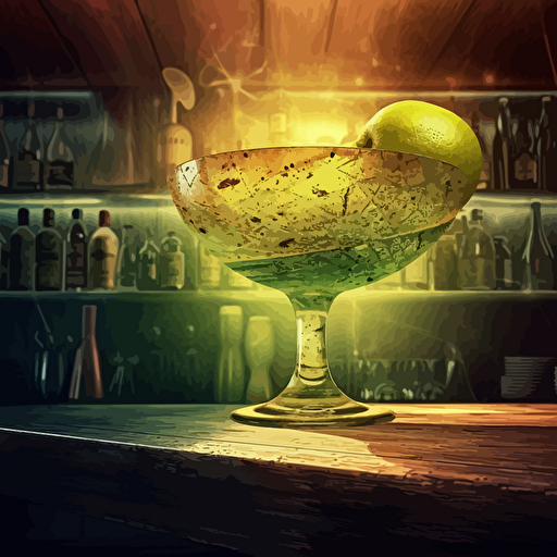 one juicy fruit at the bar couter, analog, smoky, distorted, abstract, fantasy scene, dimmed lights, depth of field, rough, textured, grainy, dusty, vector