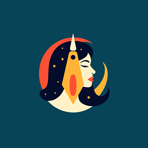 minimalist logo, vector art, simple flat full color shape space girl and rocket space ship