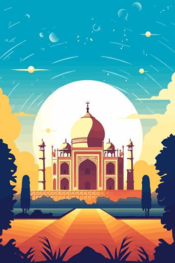 taj mahal, illustration, bright lighting, summer vibrant colors, blue sky, sun in sky, front view, flat,vector