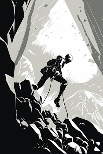 "Performing the Climbing Body: Martyrdom, Apeiron, and Vulnerability in Rock Climbing and Mountaineering Stories," book cover, B&W, white background, abstract, imaginative, flat vector, illustration, full scene,