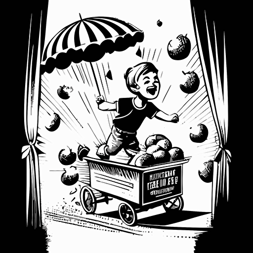 black and white vector illustration of boy flying over apple vendor's cart