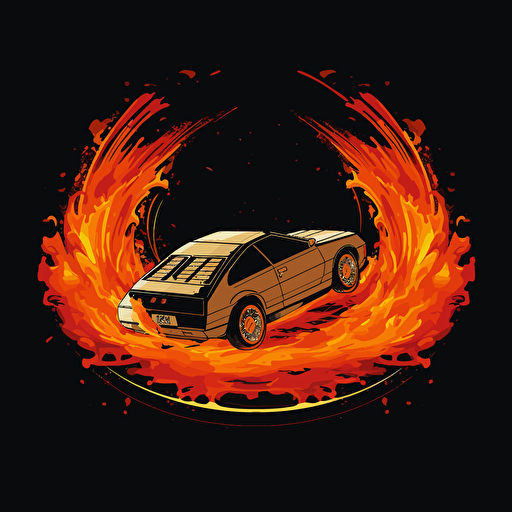 Pontiac Fiero, jumping through a ring of fire, vector style, flat artwork illustration,