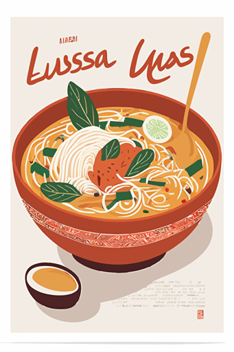 flat vector art illustration, poster featuring a bowl of Laksa, white background,