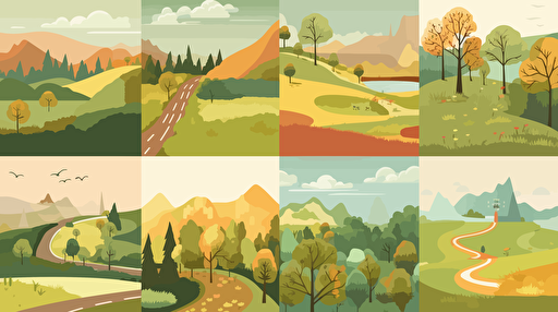 8 walking routes in a landscape. vector illustration.
