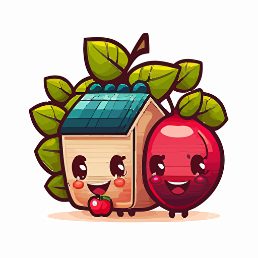 two cranberry fruit smiling, merging into a wooden house, house roof is flat with leaves at the top, Sticker, Adorable, Cool Colors, Pixar, Contour, Vector, White Background