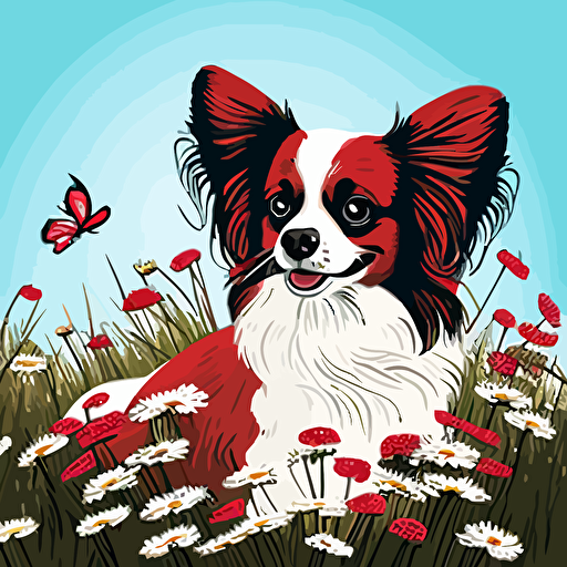 a red and white papillon dog playing in a field of wildflowers, vector art, whimsical, cartoonistic, white background