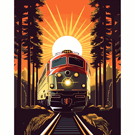 vector illustration of train, front view, sun behind and trees