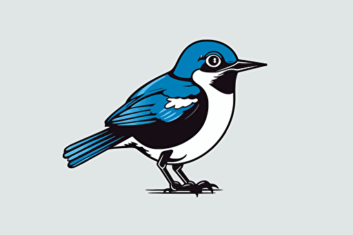 a curious swift bird standing inspecting a dslr camera, vector logo, minimalist, simple, two color, blue, white, black