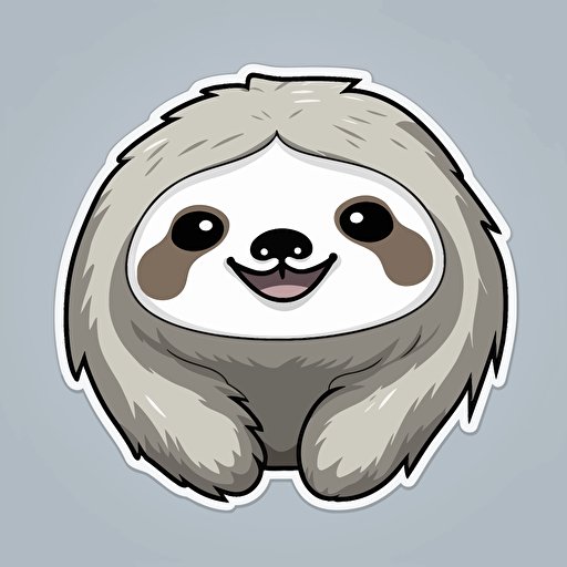 sticker, cute and happy sloth, kawaii, contour, vector, white border, gray background