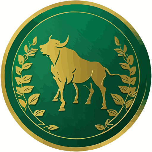 Green 2 circle, coin inspired with golden wall street Bull silhouette inside, vector.