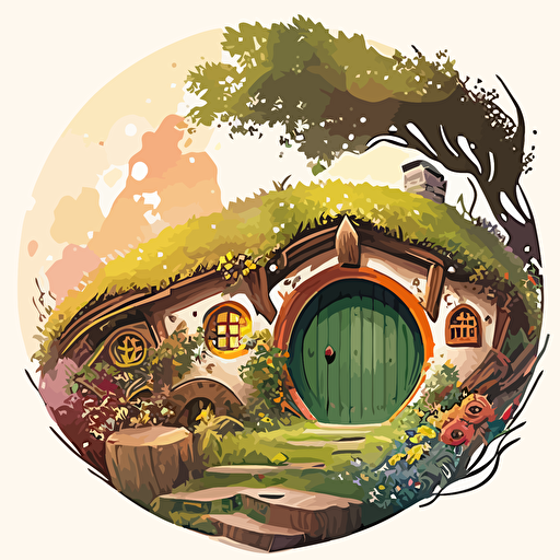 vector illustration by studio ghibli, the shire, hobbit home porch, amazing views, watercolor style