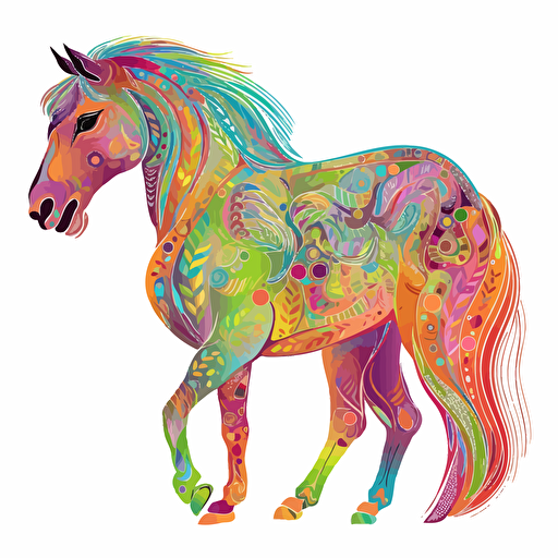 horses, Sticker, Blissful, Bright Colors, Algorithmic art, Contour, Vector, White Background, Detailed