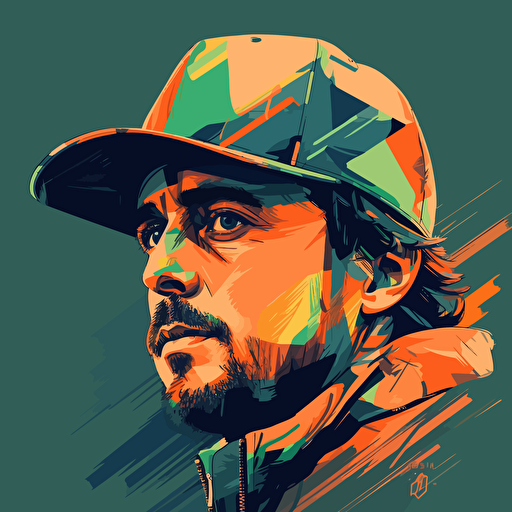 Design a vector illustration of Fernando Alonso, the F1 driver, sporting a green cap on a transparent background. Explore a modern, abstract style that showcases the essence of his personality and racing spirit.
