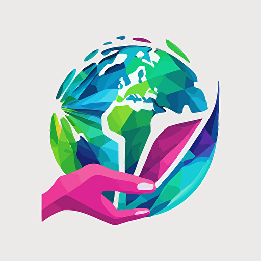abstract sliced vector logo, earth in a hand, blue, green and pink