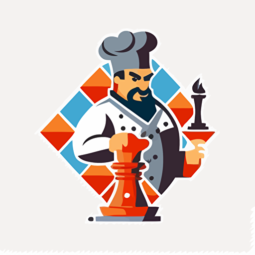 chef playing chess, flat vector mascot logo, white background