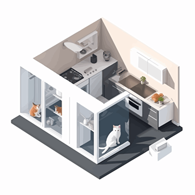 cutaway isometric modern kitchen, with a window, minimalism, auto-feeder for animals, with a cat, on a white background, vector, high quality,