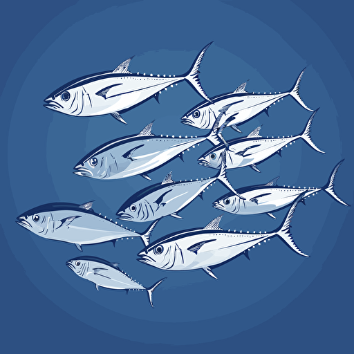 school of albacore tuna swimming in the ocean, vector style, edgy, dynamic blue